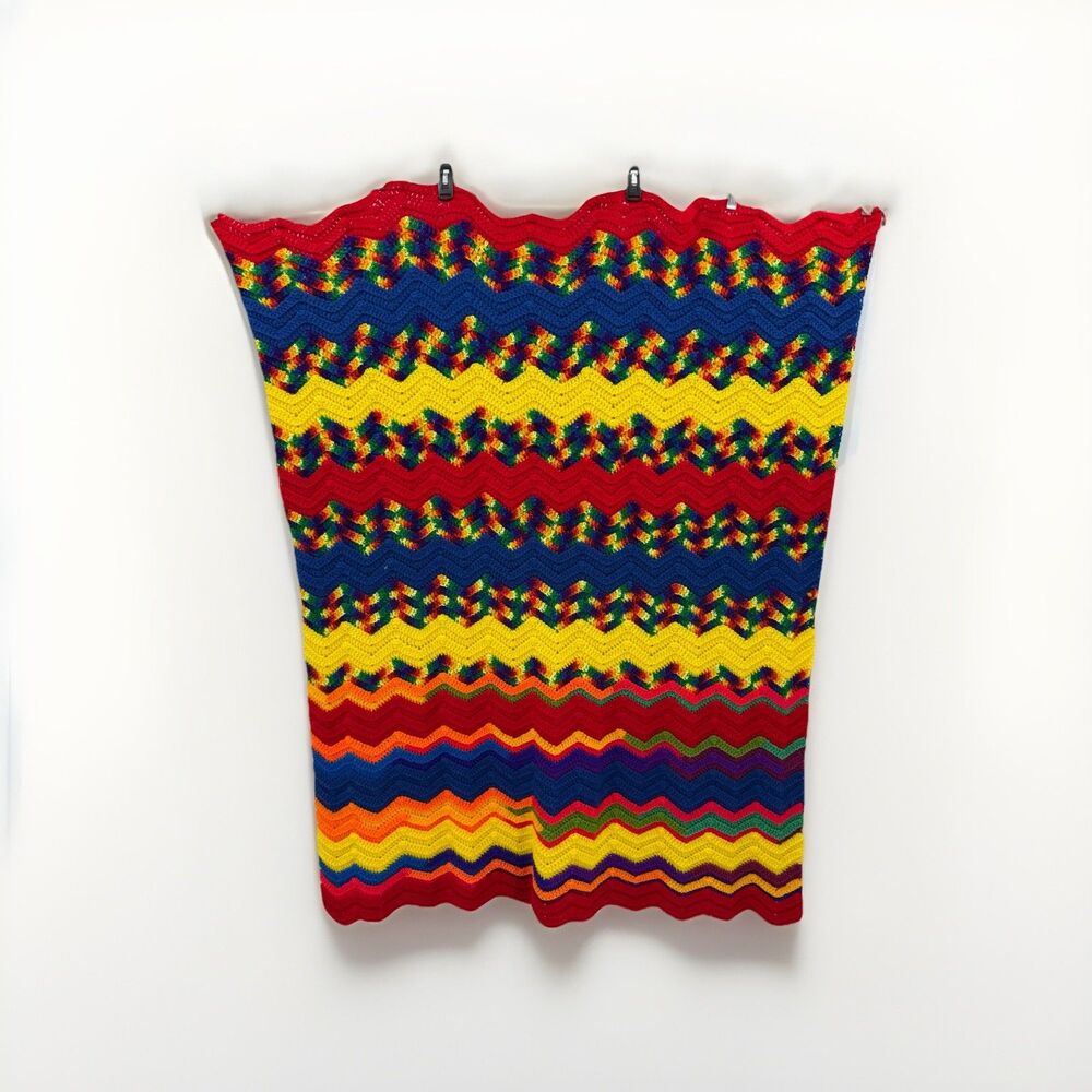 Crochet Rainbow Afghan Throw Blanket Chevron Striped Multicolor Handmade